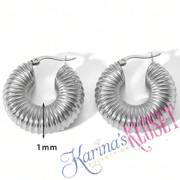 Ribbed Swirl Hoop Earrings, Silver Hoop Earrings, Bubble Earrings, Wide Hoop 🎀 - Picture 2 of 2
